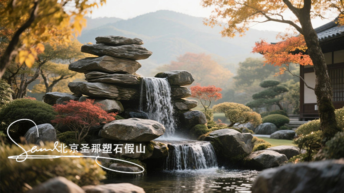 jimeng-2025-06-08-275-瀑布由大小不一的千層石堆疊而成，水流從上層千層石巖石傾瀉至下層，形成優(yōu)美的水簾效果。周圍環(huán)境充滿自然氣息，樹木枝葉呈現(xiàn)出秋天的金黃與橙紅色調(diào) ，陽光透過枝葉....jpeg