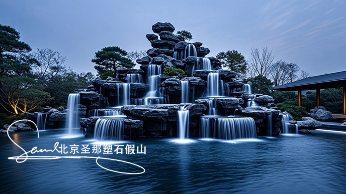 jimeng-2025-06-08-901-這是一處富有特色的天然千層石的假山，石頭是和太湖石一樣有自然橫向紋理，是用真正的天然假山石頭制作，能有明顯的凸凹。水流從上層緩緩流下，落入下層的石池中。背景....jpeg