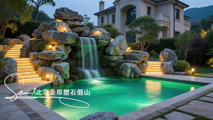 jimeng-2025-06-08-960-這是一座戶外景觀泳池，整體設(shè)計(jì)極具特色。泳池以千層石假山石造型構(gòu)建池壁，塑造出自然山石的形態(tài)，營造出仿佛置身于山間溪流的氛圍 。設(shè)有小型瀑布，水流從高處千層....jpeg