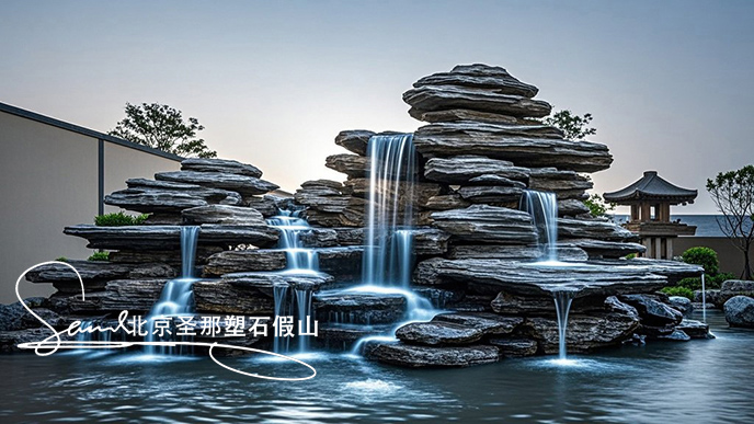 jimeng-2025-06-08-902-這是一處富有特色的天然千層石的假山，石頭是和太湖石一樣有自然橫向紋理，是用真正的天然假山石頭制作，能有明顯的凸凹。水流從上層緩緩流下，落入下層的石池中。背景....jpeg