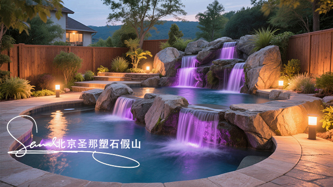 jimeng-2025-06-08-43-這是一座戶外景觀溫泉池。其造型設(shè)計獨特，以仿巖石形態(tài)構(gòu)建池壁，營造出自然的山石氛圍 ，搭配幾處小型瀑布，水流潺潺增添靈動之感。池內(nèi)有紫色燈光照明，營造出夢幻的....jpeg