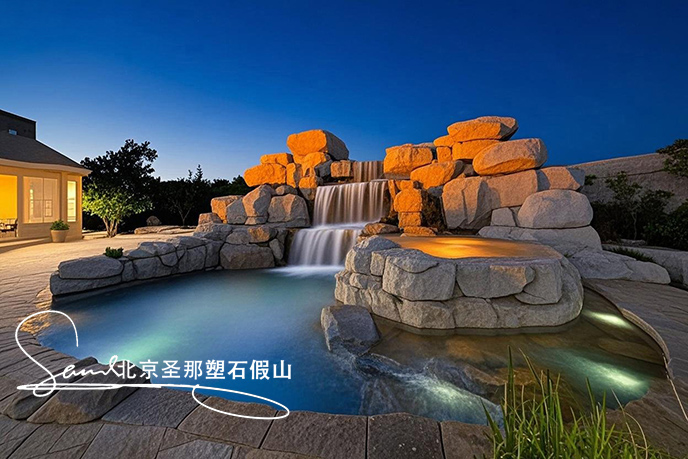 jimeng-2025-06-08-173-這是一處富有特色的水泥塑石景觀場景，是用粗糙的石頭制作，能有明顯的凸凹。水流從上層緩緩流下，落入下層的石池中。背景干凈，沒有其他建筑，只有噴泉本身，中遠(yuǎn)景。....jpeg