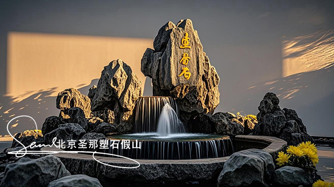 jimeng-2025-06-08-887-這是一處富有特色的天然靈璧石的假山，是用真正的天然靈璧假山石頭制作，能有明顯的凸凹。水流從上層緩緩流下，落入下層的靈璧石池中。背景干凈，沒有其他建筑，只有噴....jpeg