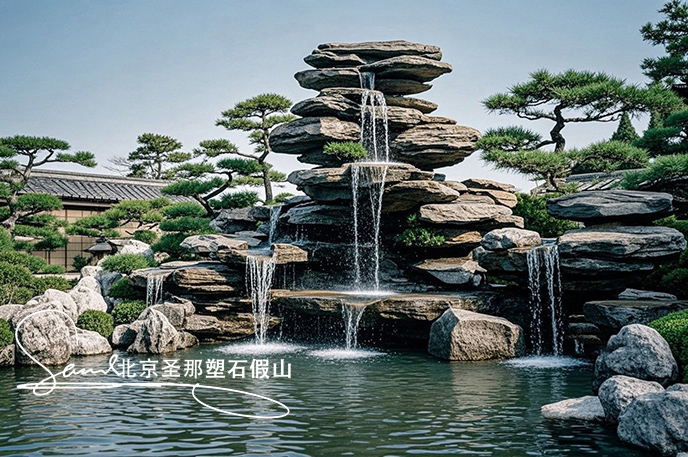 jimeng-2025-06-08-894-這是一處富有特色的天然千層石的假山，石頭是和太湖石一樣有自然橫向紋理，是用真正的天然假山石頭制作，能有明顯的凸凹。水流從上層緩緩流下，落入下層的石池中。背景....jpeg