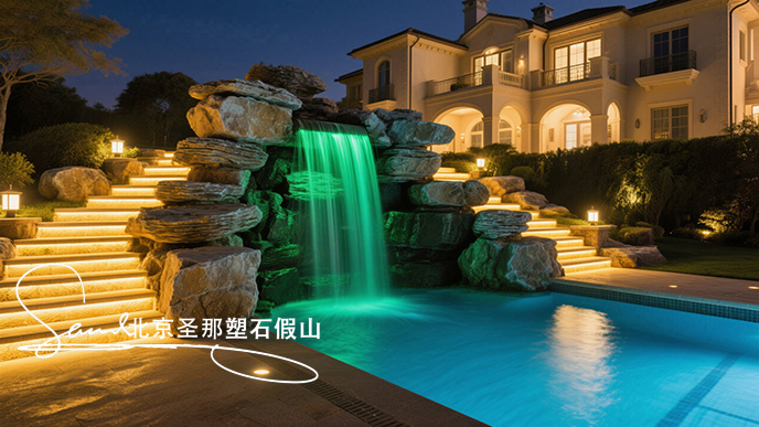 jimeng-2025-06-08-958-這是一座戶外景觀泳池，整體設(shè)計極具特色。泳池以千層石假山石造型構(gòu)建池壁，塑造出自然山石的形態(tài)，營造出仿佛置身于山間溪流的氛圍 。設(shè)有小型瀑布，水流從高處千層....jpeg