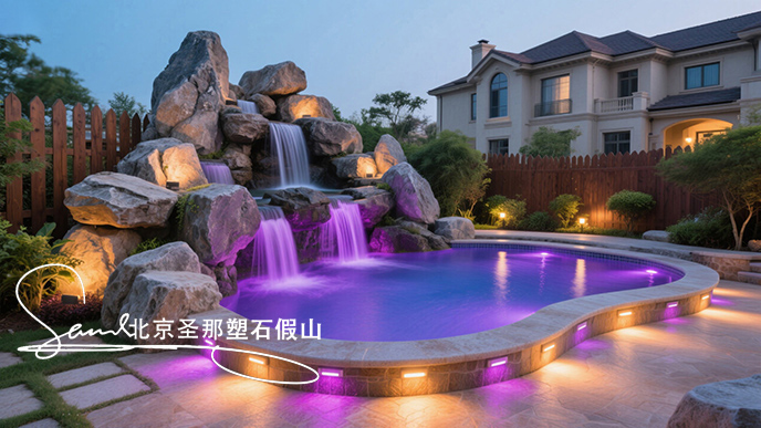 jimeng-2025-06-08-952-這是一座戶外景觀溫泉池。其造型設(shè)計獨特，以仿巖石形態(tài)構(gòu)建池壁，營造出自然的山石氛圍 ，搭配幾處小型瀑布，水流潺潺增添靈動之感。池內(nèi)有紫色燈光照明，營造出夢幻....jpeg