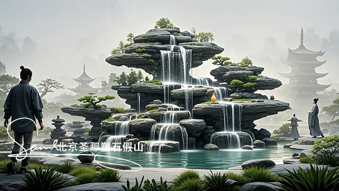 jimeng-2025-06-08-911-這是一處富有特色的天然千層石的假山，石頭是和太湖石一樣有自然橫向紋理，是用真正的天然假山石頭制作，能有明顯的凸凹。水流從上層緩緩流下，落入下層的石池中。背景....jpeg