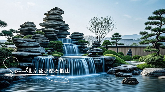jimeng-2025-06-08-897-這是一處富有特色的天然千層石的假山，石頭是和太湖石一樣有自然橫向紋理，是用真正的天然假山石頭制作，能有明顯的凸凹。水流從上層緩緩流下，落入下層的石池中。背景....jpeg