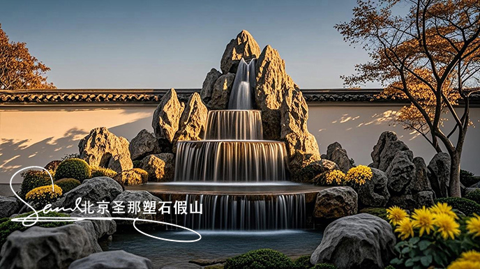 jimeng-2025-06-08-888-這是一處富有特色的天然靈璧石的假山，是用真正的天然靈璧假山石頭制作，能有明顯的凸凹。水流從上層緩緩流下，落入下層的靈璧石池中。背景干凈，沒有其他建筑，只有噴....jpeg
