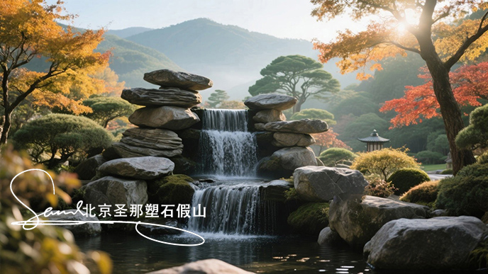 jimeng-2025-06-08-277-瀑布由大小不一的千層石堆疊而成，水流從上層千層石巖石傾瀉至下層，形成優(yōu)美的水簾效果。周圍環(huán)境充滿自然氣息，樹木枝葉呈現(xiàn)出秋天的金黃與橙紅色調(diào) ，陽光透過枝葉....jpeg