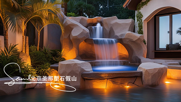 jimeng-2025-06-08-170-這是室內(nèi)一處富有特色的水泥塑石噴泉景觀場景。畫面是一組石制噴泉，由多個層次的粗糙水泥仿石石制結(jié)構堆疊而成，噴泉是用粗糙的石頭制作，能有明顯的凸凹。水流從上層....png