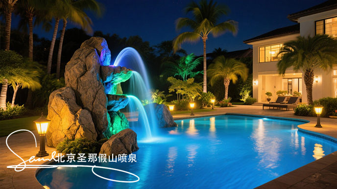 jimeng-2025-06-20-1711-這是一處夜間的庭院水景景觀。畫面中心是一座以大塊仿真巖石打造的噴泉，巖石表面紋理....jpeg