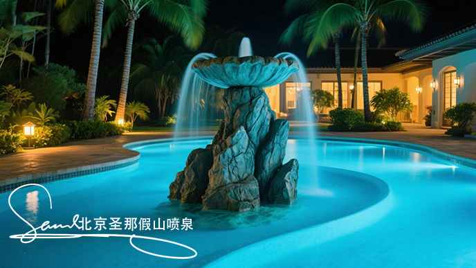 jimeng-2025-06-20-4246-這是一處夜間的庭院水景景觀。畫面中心是一座以大塊仿真巖石打造的噴泉，巖石表面紋理....jpeg