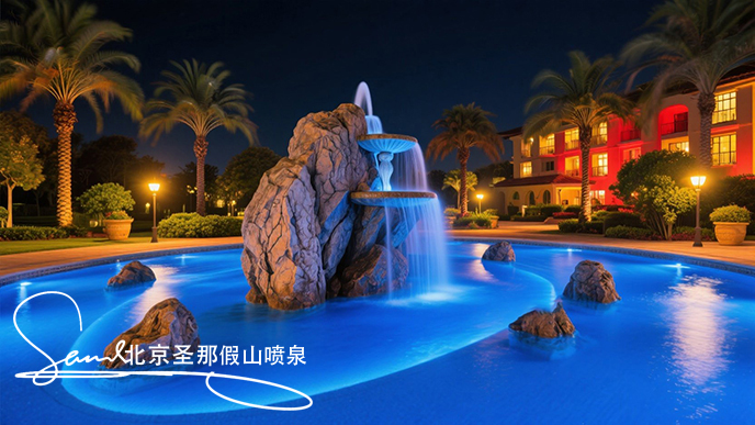 jimeng-2025-06-20-8439-這是一處夜間的公園廣場水景景觀。畫面中心是一座以大塊仿真巖石打造的噴泉，巖石表面....jpeg