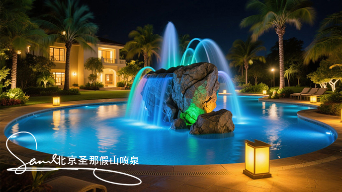 jimeng-2025-06-20-5337-這是一處夜間的公園水景景觀。畫面中心是一座以大塊仿真巖石打造的噴泉，巖石表面紋理....jpeg