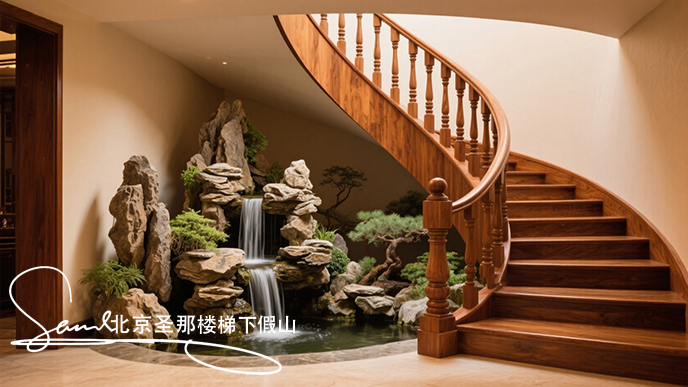 jimeng-2025-06-20-6715-圖中展示了一處室內(nèi)樓梯下假山空間。墻邊一座木質(zhì)旋轉(zhuǎn)樓梯 ，其扶手、欄桿及臺(tái)階均為....jpeg