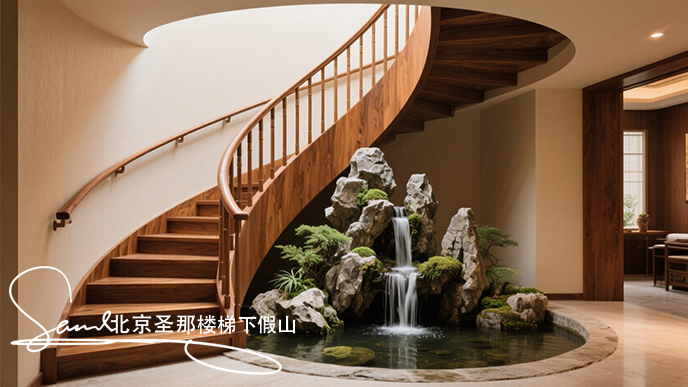 jimeng-2025-06-20-2877-圖中展示了一處室內(nèi)樓梯下英德石假山空間。墻邊一座木質(zhì)旋轉(zhuǎn)樓梯 ，其扶手、欄桿及臺(tái)....jpeg
