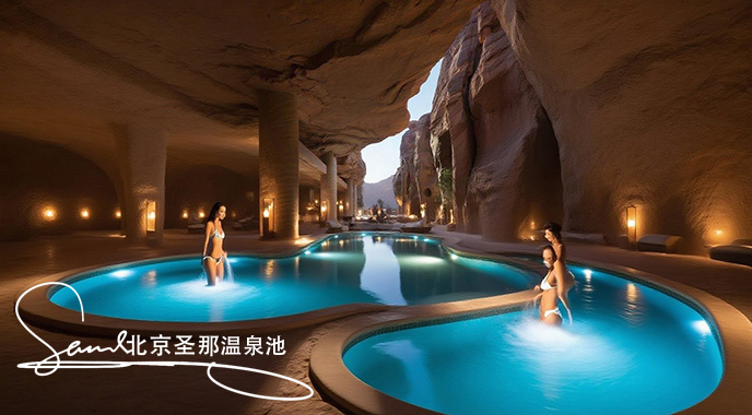 jimeng-2025-06-21-8413-酒店內(nèi)一個(gè)極具特色的洞穴泳池景觀。洞穴由巖石構(gòu)成，內(nèi)部是澄澈的3個(gè)藍(lán)色相互連接小....jpeg